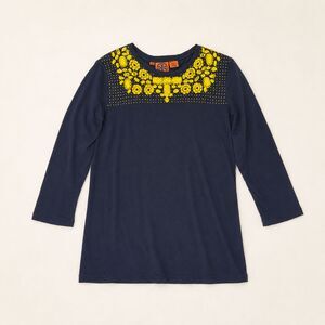 Tory Burch Beaded Embellished Navy Cotton Top Yellow Statement Boho Preppy M